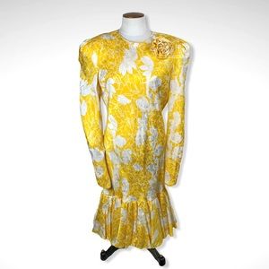 80s Silk Puff Sleeve Drop Waist Ruffle Hem Yellow Dress Vintage